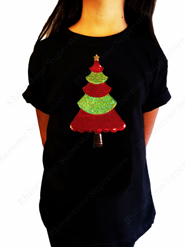 Girls Rhinestone T-Shirt " Sequence Christmas Tree " Size 3 to 14 Available
