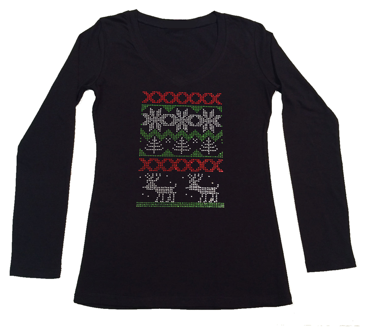 Womens T-shirt with Christmas Ugly Shirt with Reindeer in Rhinestones