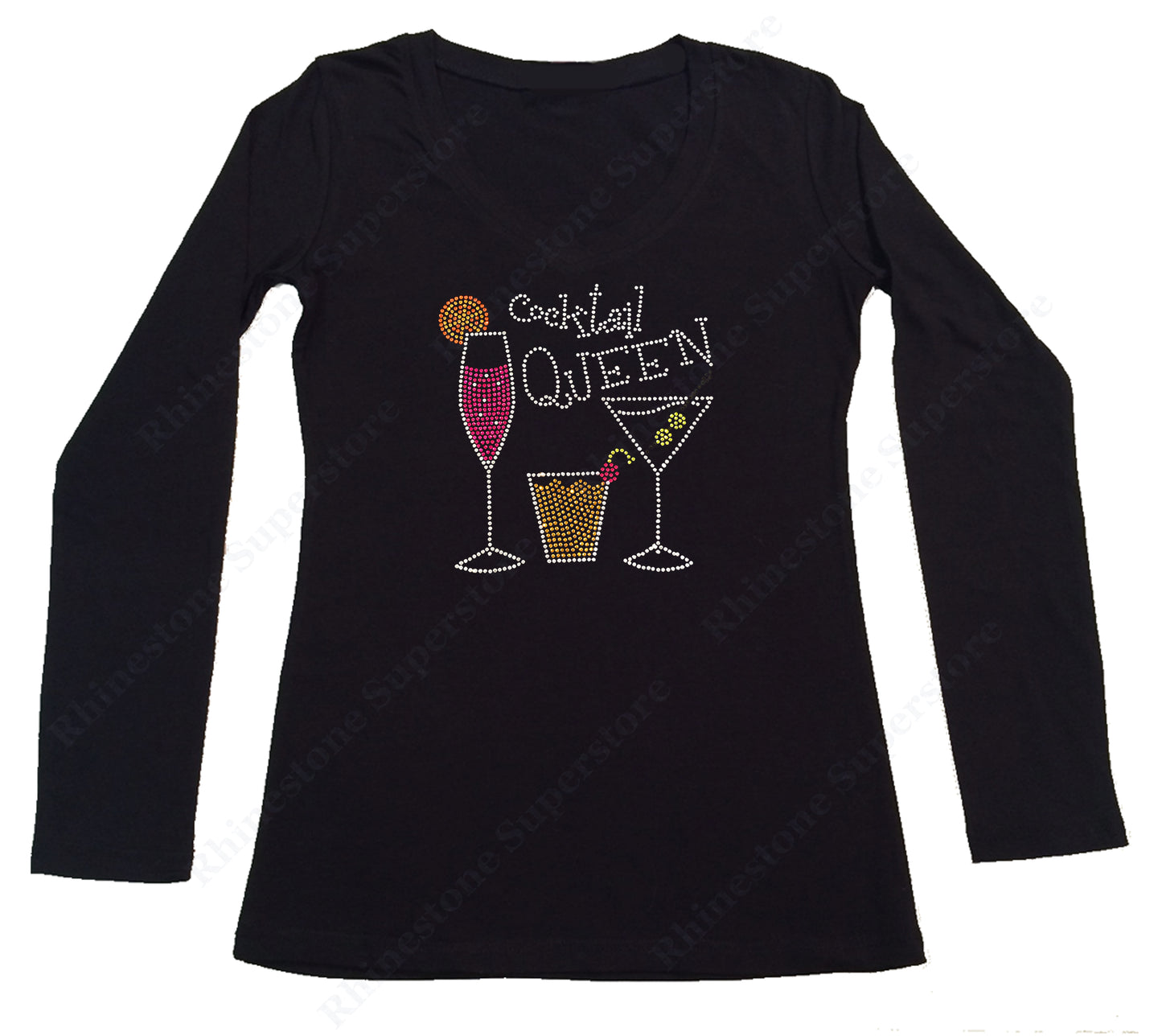 Womens T-shirt with Cocktail Queen in Rhinestones