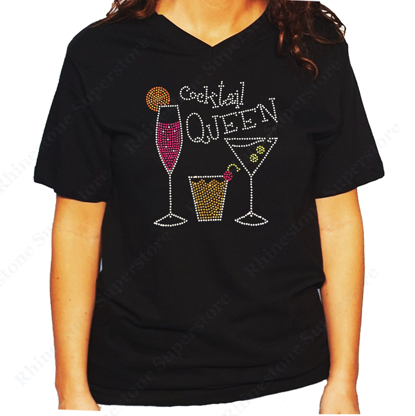 Women's / Unisex T-Shirt with Cocktail Queen in Rhinestones