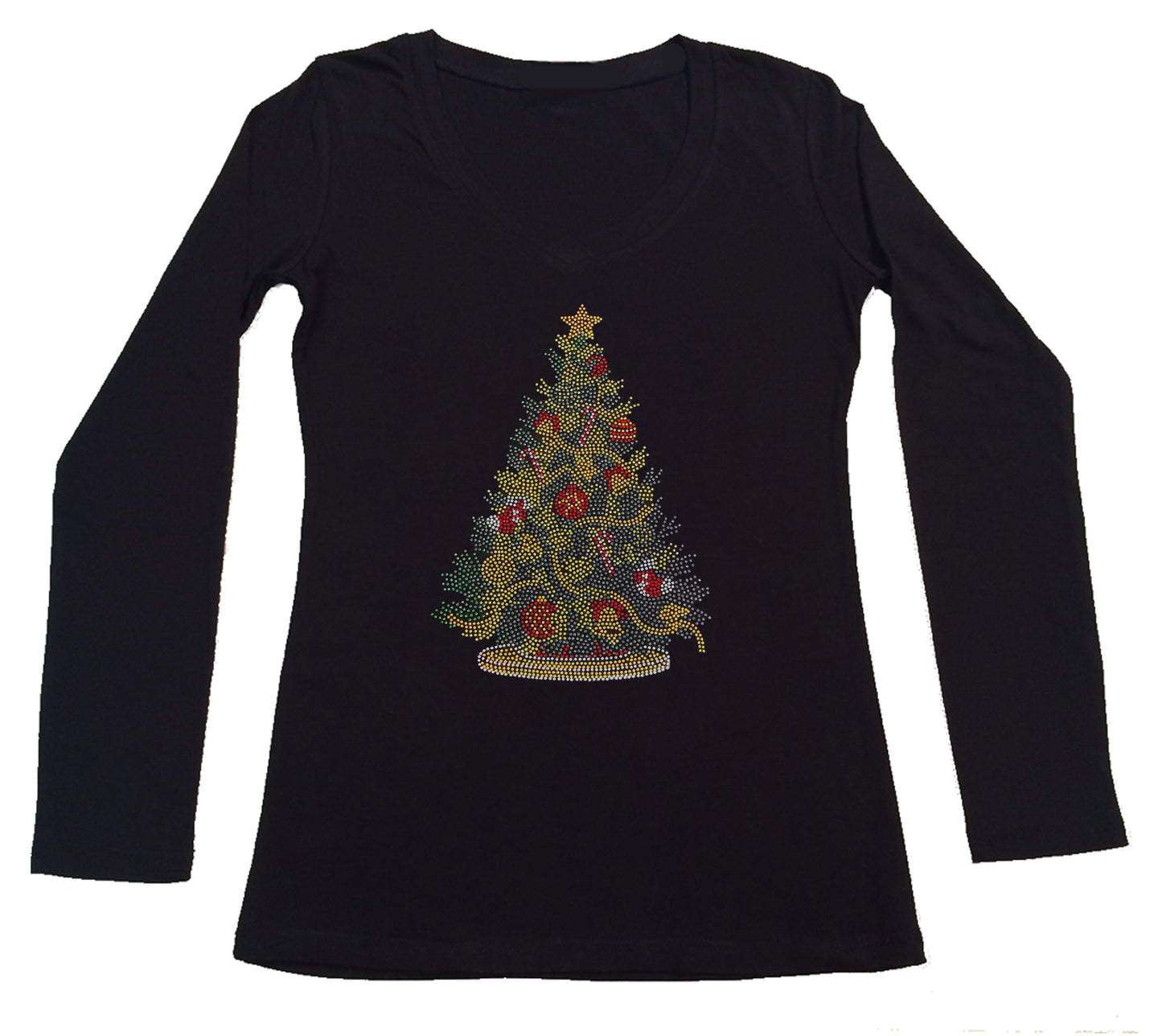 Womens T-shirt with Colorful Christmas Tree in Rhinestuds