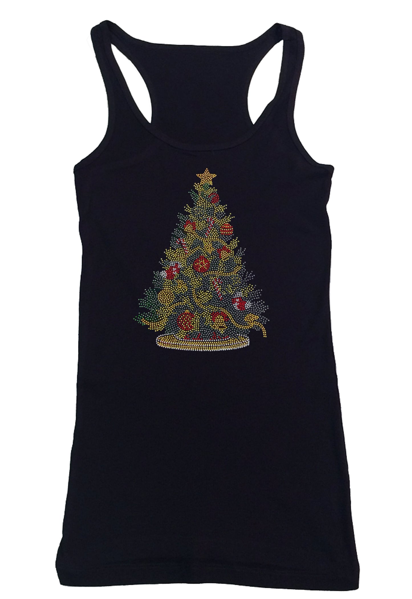 Womens T-shirt with Colorful Christmas Tree in Rhinestuds