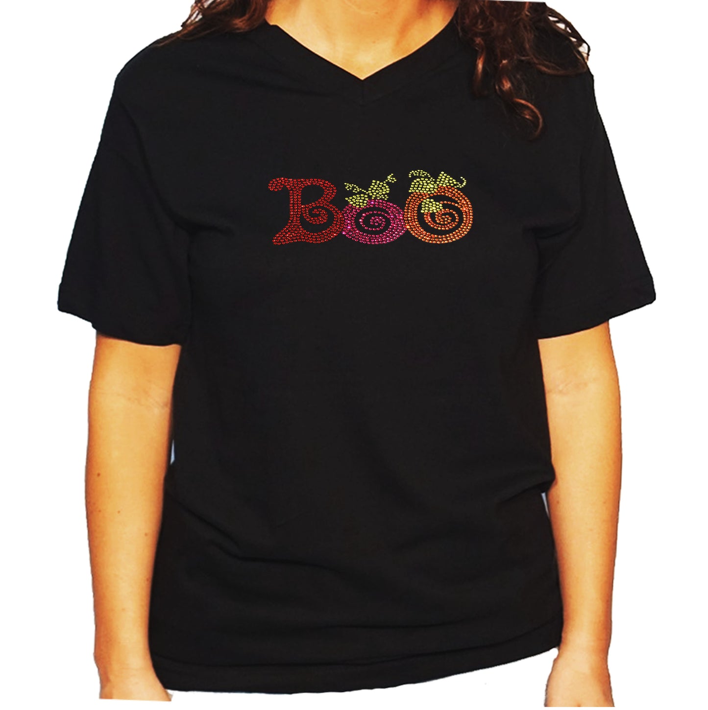 Women's / Unisex T-Shirt with Colorful Halloween Boo in Rhinestones