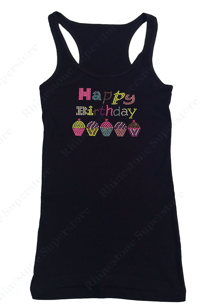 Womens T-shirt with Colorful Happy Birthday with Cupcakes in Neon Rhinestuds