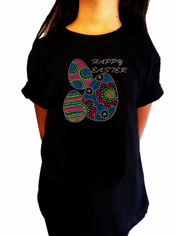 Girls Rhinestone & Rhinestud T-Shirt " Colorful Happy Easter Eggs " Size 3 to 14 Available