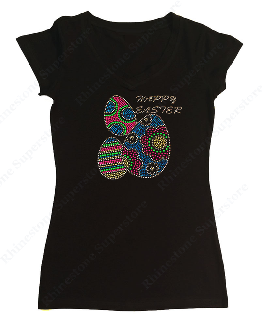 Womens T-shirt with Colorful Happy Easter Eggs in Rhinestones and Rhinestuds