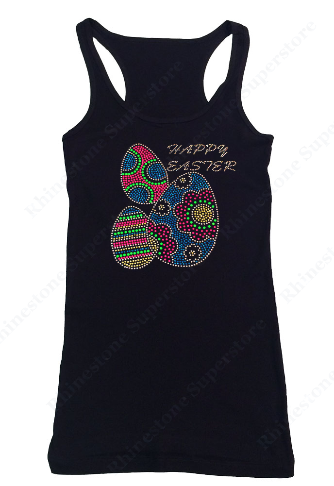 Womens T-shirt with Colorful Happy Easter Eggs in Rhinestones and Rhinestuds