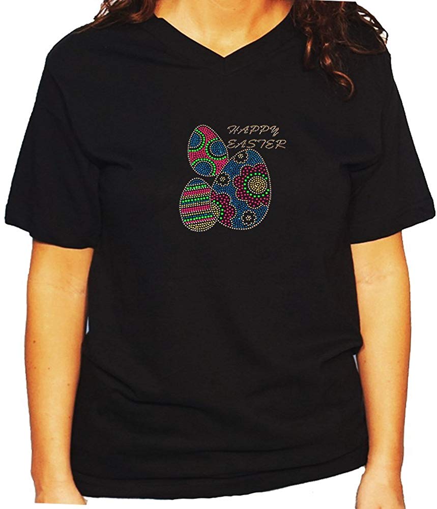 Women's / Unisex T-Shirt with Colorful Happy Easter Eggs in Rhinestones and Rhinestuds