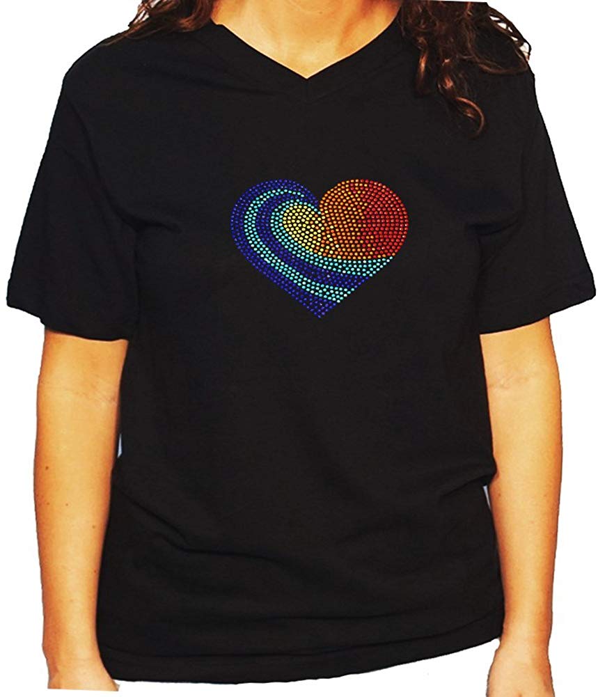 Women's / Unisex T-Shirt with Colorful Heart in Rhinestuds