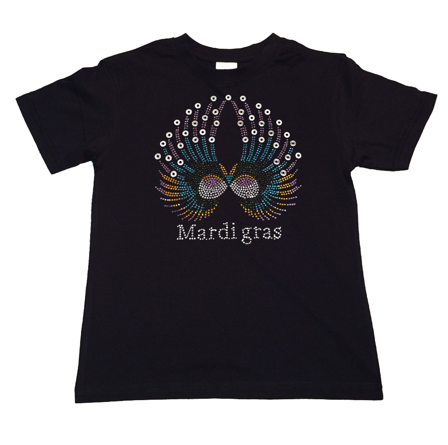 Girls Rhinestone T-Shirt " Colorful Mardi Gras Wings in Rhinestone " Kids Size 3 to 14 Available