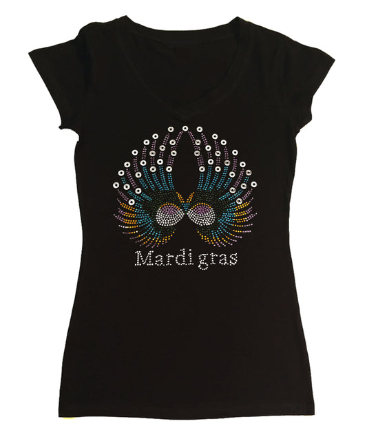 Womens T-shirt with Colorful Mardi Gras Wings in Rhinestones