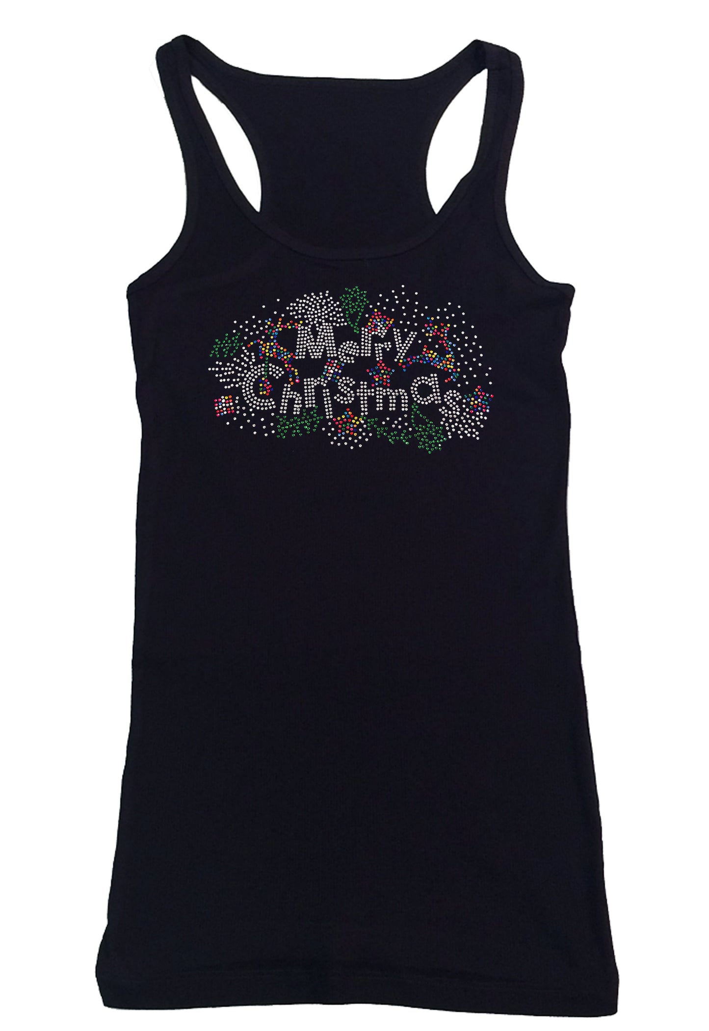 Womens T-shirt with Colorful Merry Christmas in Rhinestones