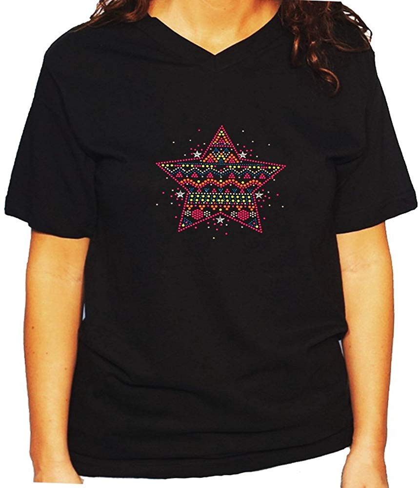 Women's / Unisex T-Shirt with Colorful Neon Star in Rhinestuds