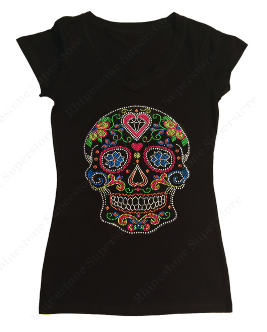 Womens T-shirt with Colorful Neon Sugar Skull in Rhinestones