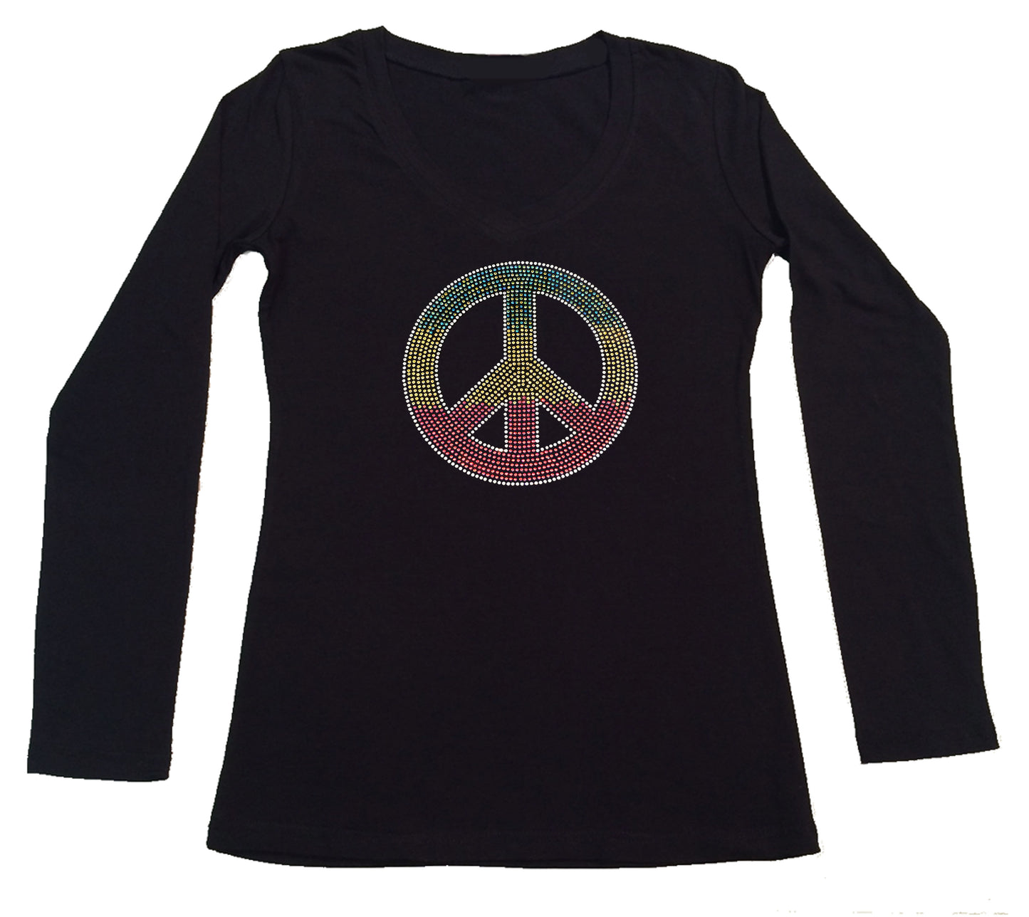 Womens T-shirt with Colorful Peace Sign in Rhinestones