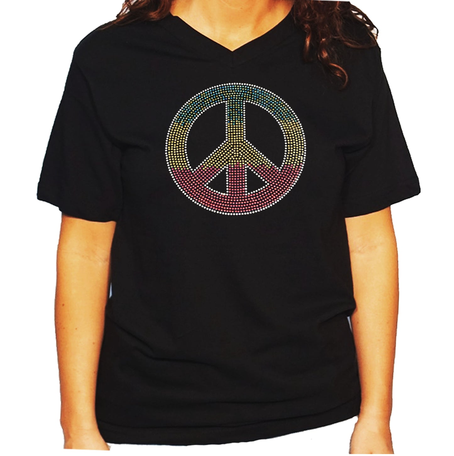 Women's / Unisex T-Shirt with Colorful Peace Sign in Rhinestones