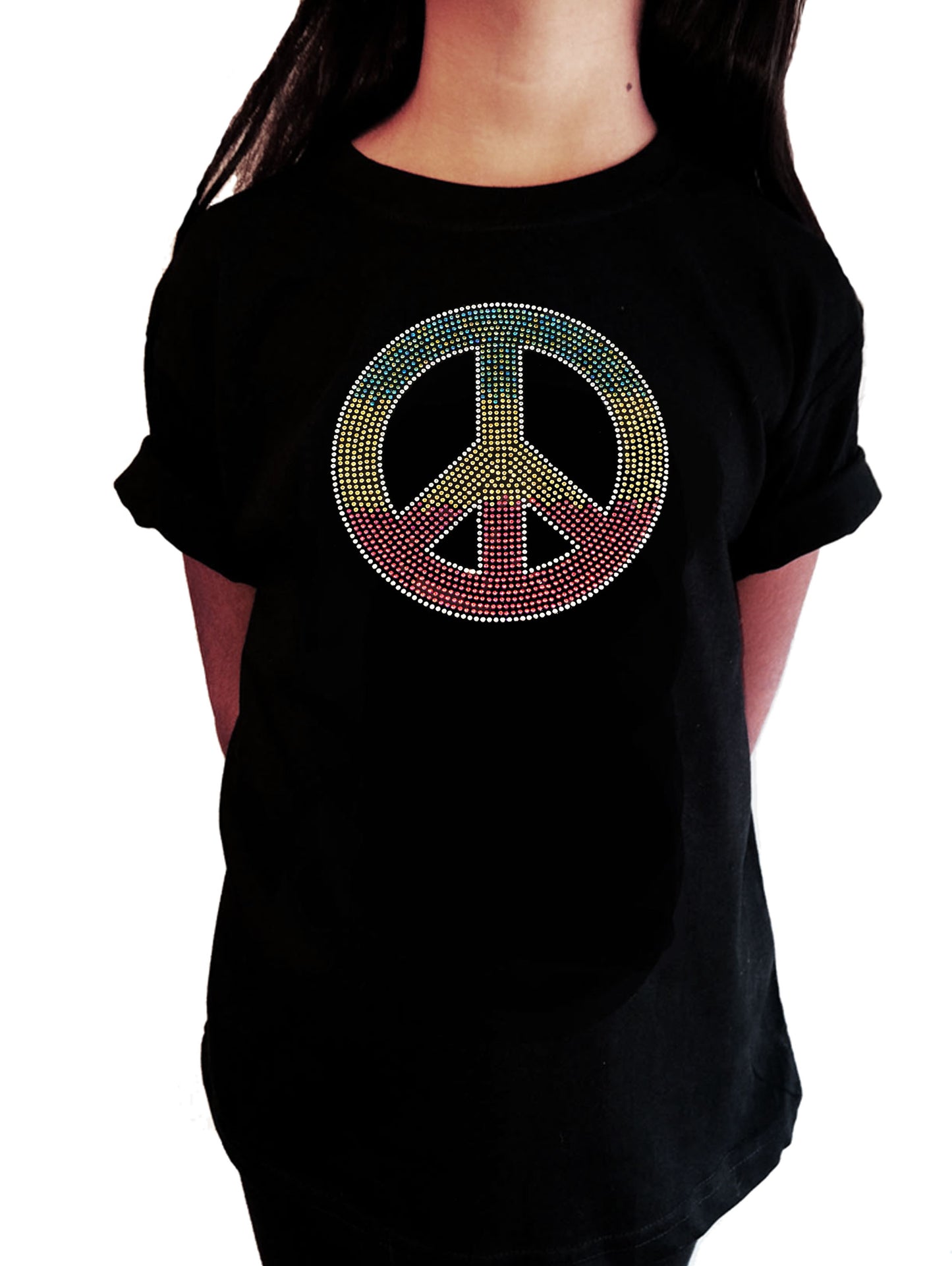 Girls Rhinestone T-Shirt " Colorful Peace Sign in Rhinestones " Kids Size 3 to 14 Available