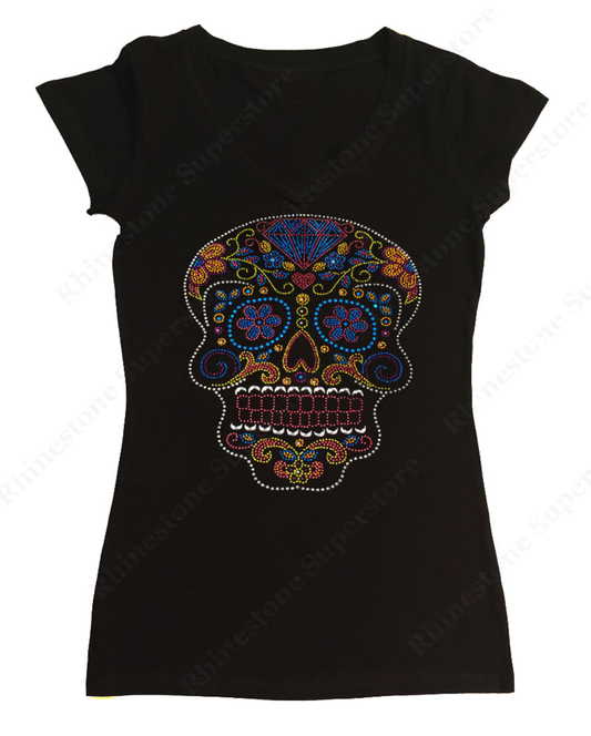 Womens T-shirt with Colorful Sugar Skull in Rhinestuds