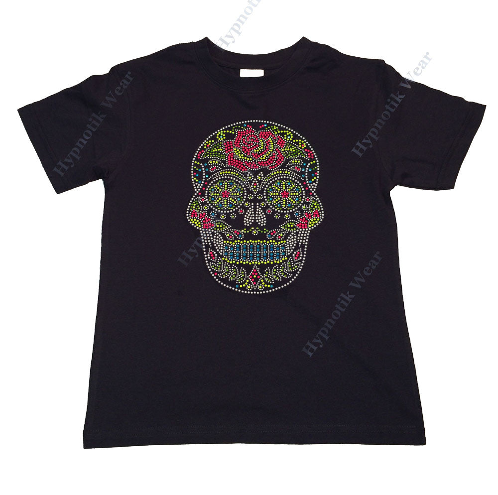 Girls Rhinestone / Suds T-Shirt " Colorful Sugar Skull with Rose " Size 3 to 14 Halloween