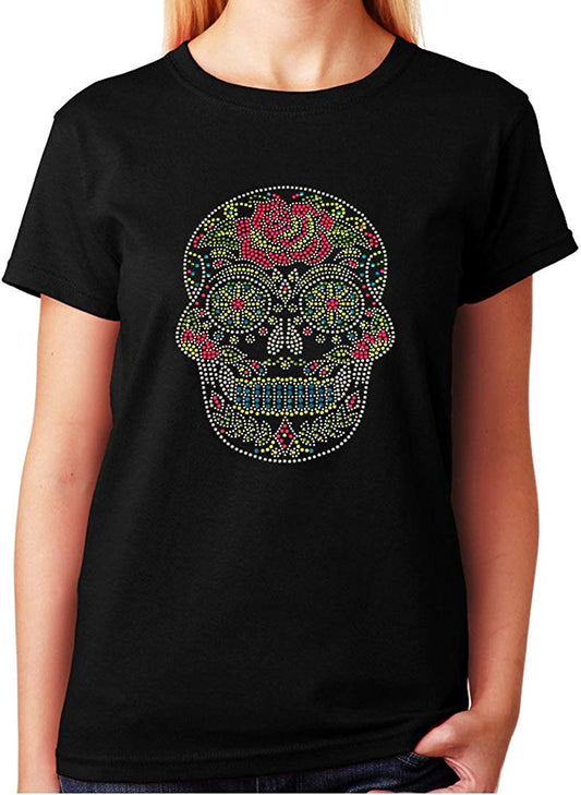 Colorful Sugar Skull with Rose in Rhinestuds