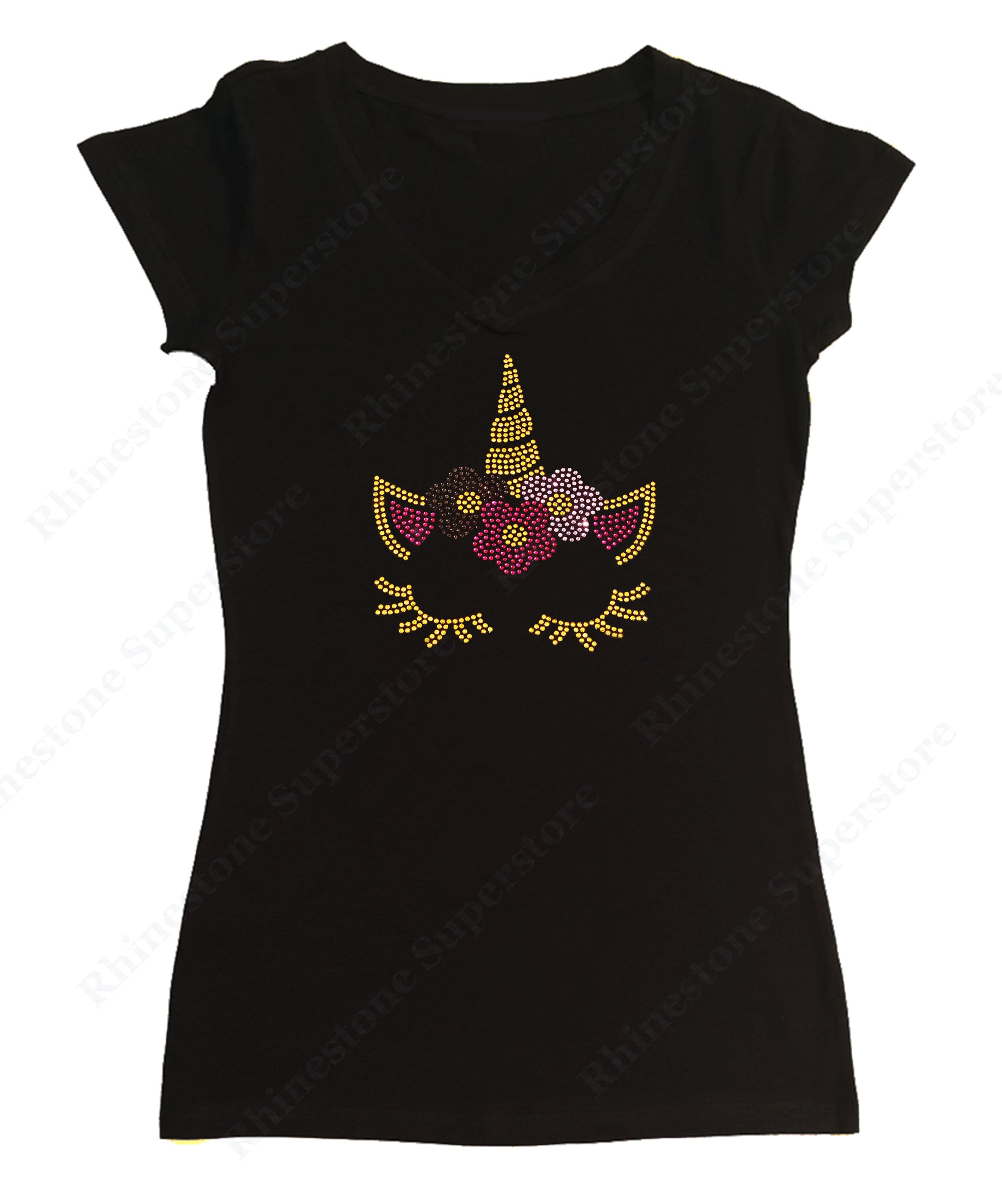 Womens T-shirt with Blessed with Colorful Unicorn Face in Rhinestud