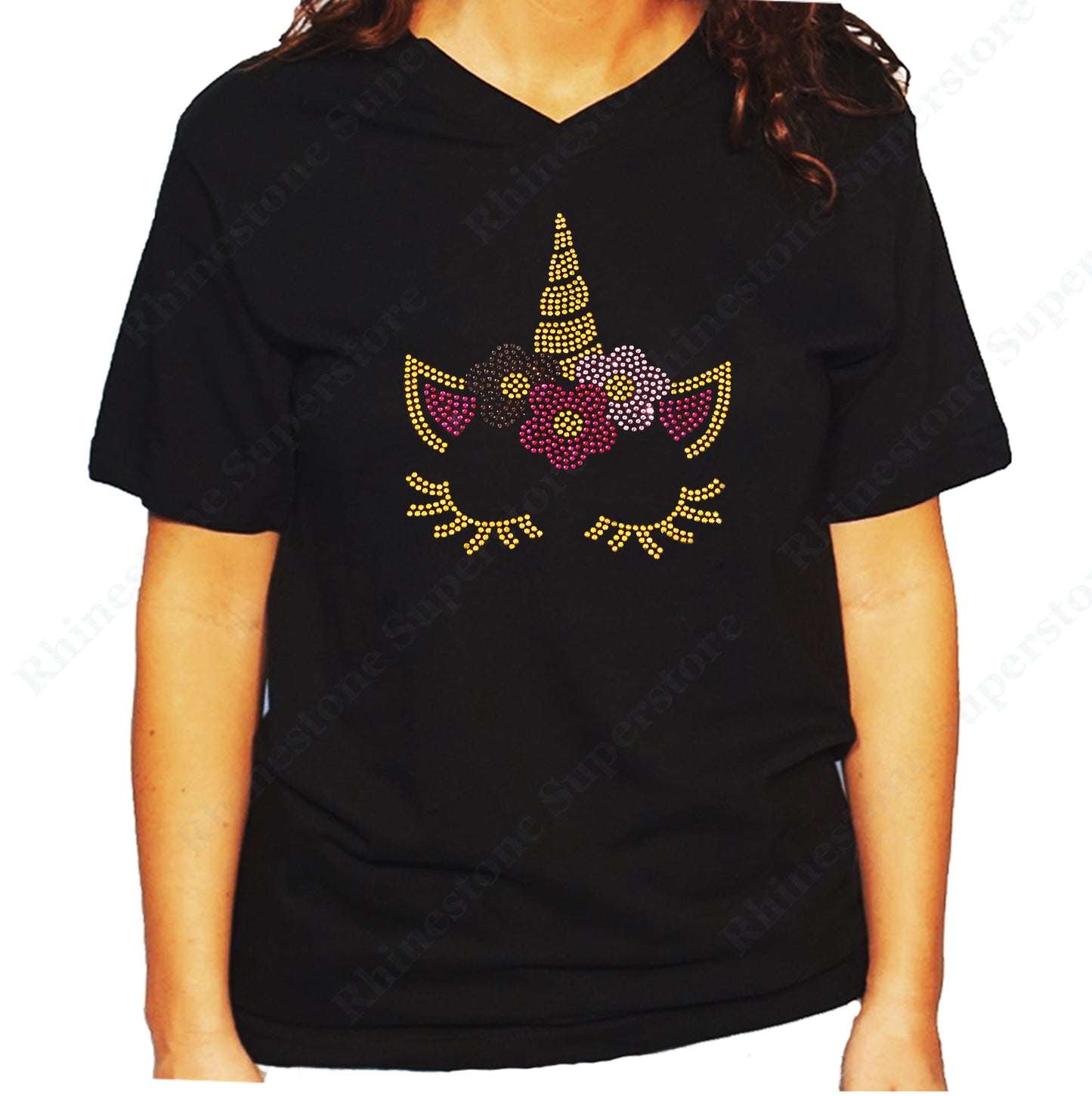 Women's / Unisex T-Shirt with Colorful Unicorn Face in Rhinestud