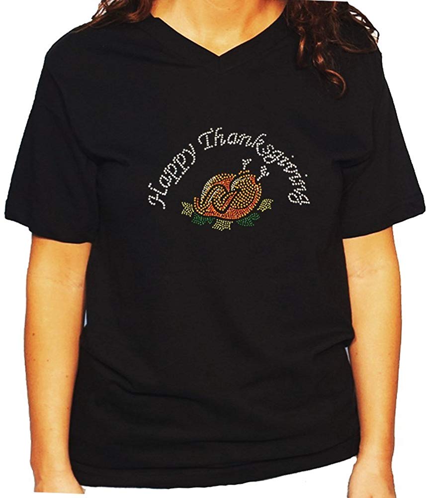 Women's / Unisex T-Shirt with Cooked Happy Thanksgiving in Rhinestones