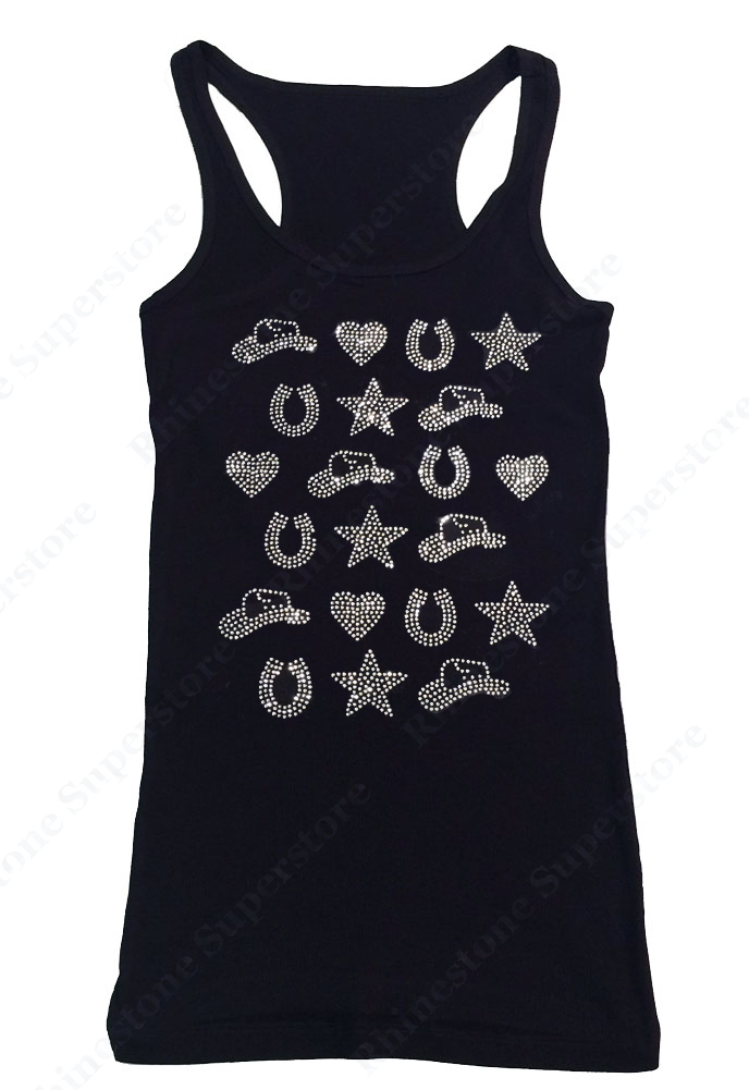 Womens T-shirt with Cowboy Hat, Heart, Horse Shoe, and Star  in Rhinestones