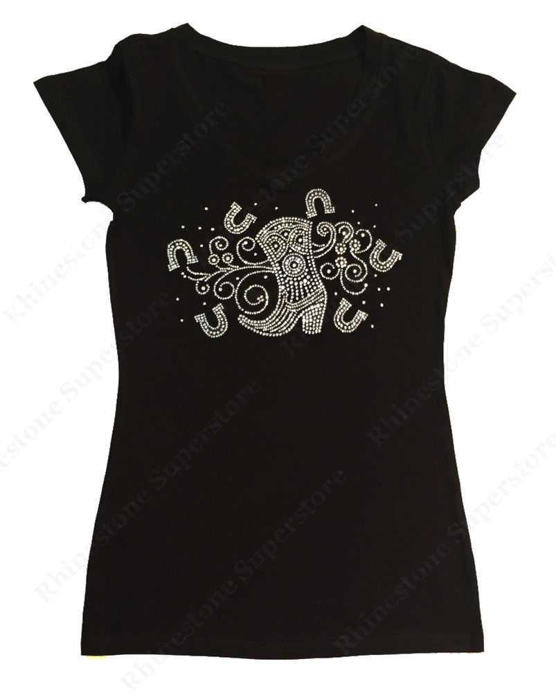 Womens T-shirt with Cowgirl Boot with Horseshoe in Rhinestones