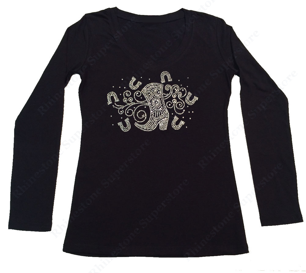 Womens T-shirt with Cowgirl Boot with Horseshoe in Rhinestones
