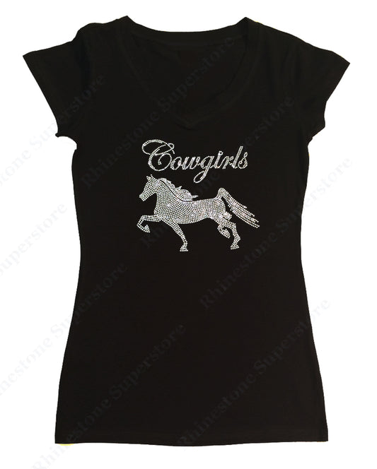 Womens T-shirt with Cowgirls Horse in Rhinestones
