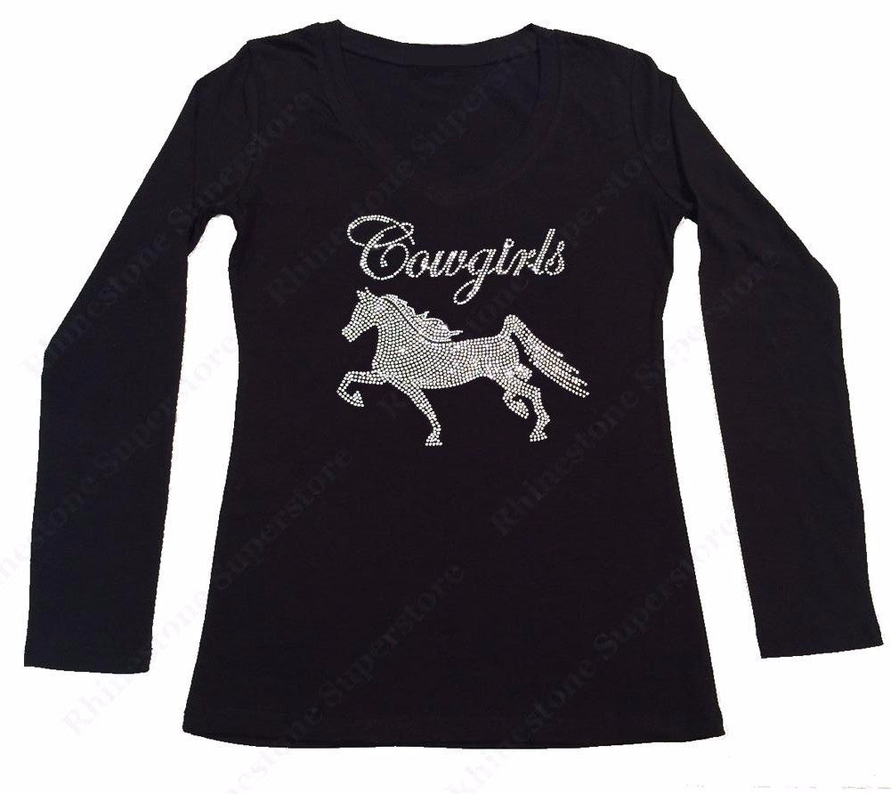 Womens T-shirt with Cowgirls Horse in Rhinestones