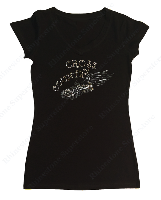 Womens T-shirt with Cross Country Running in Rhinestones