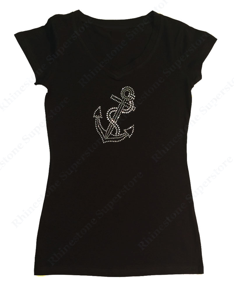 Womens T-shirt with Crystal Anchor in Rhinestones