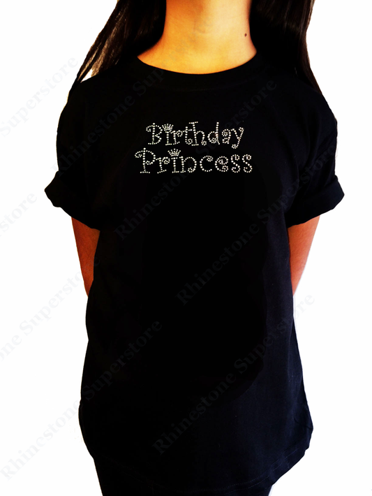 Girls Rhinestone T-Shirt " Crystal Birthday Princess w/ Crown " Kids Size 3 to 14 Available