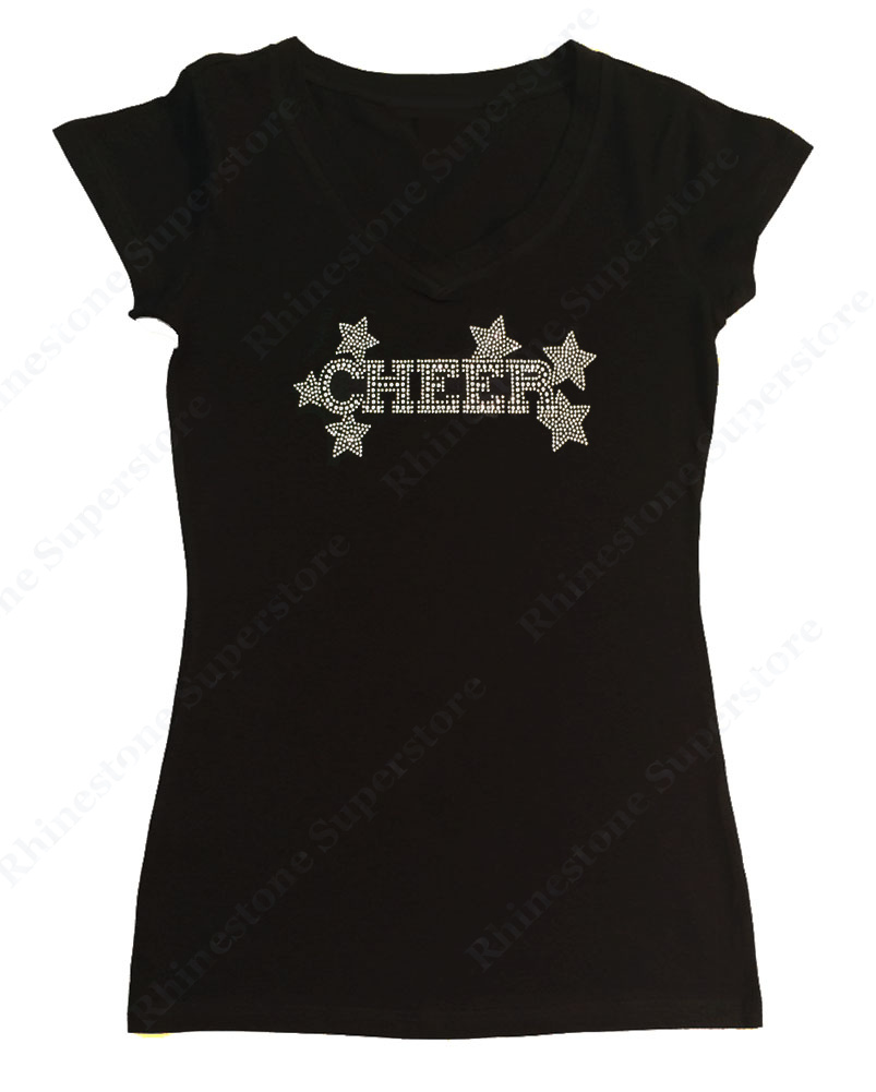 Womens T-shirt with Crystal Cheer Mom with Stars in Rhinestones