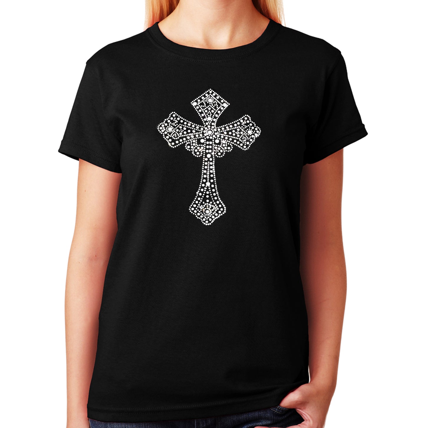 Women's / Unisex T-Shirt with Crystal Cross in Rhinestones