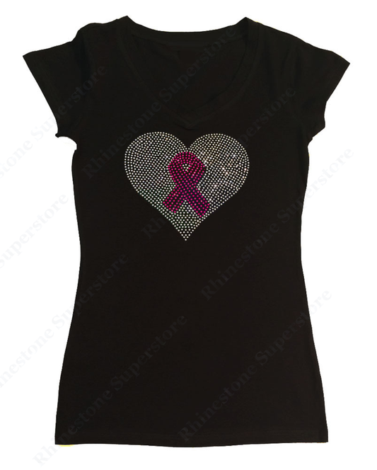 Womens T-shirt with Crystal Heart with  Pink Cancer Ribbon in Rhinestones