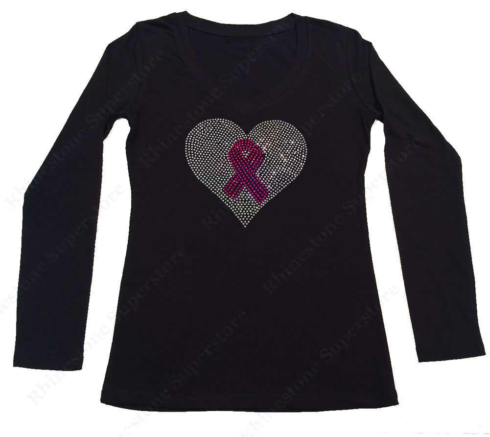 Womens T-shirt with Crystal Heart with  Pink Cancer Ribbon in Rhinestones