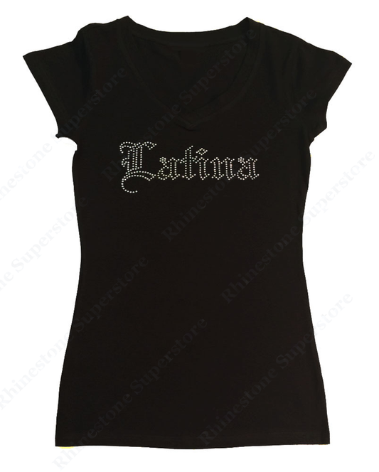Womens T-shirt with Crystal Latina in Old English in Rhinestones