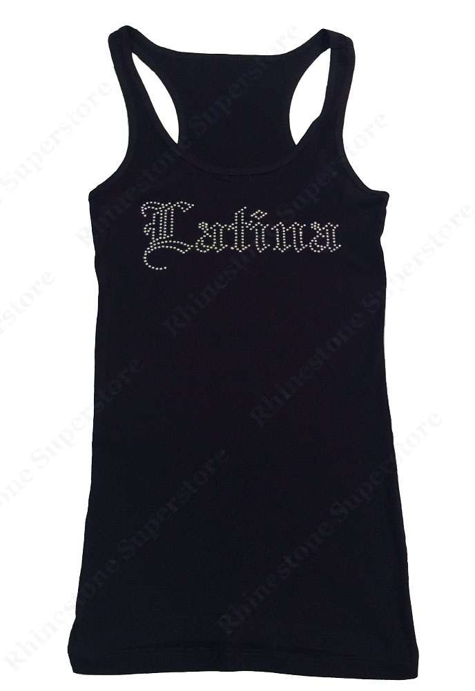 Womens T-shirt with Crystal Latina in Old English in Rhinestones