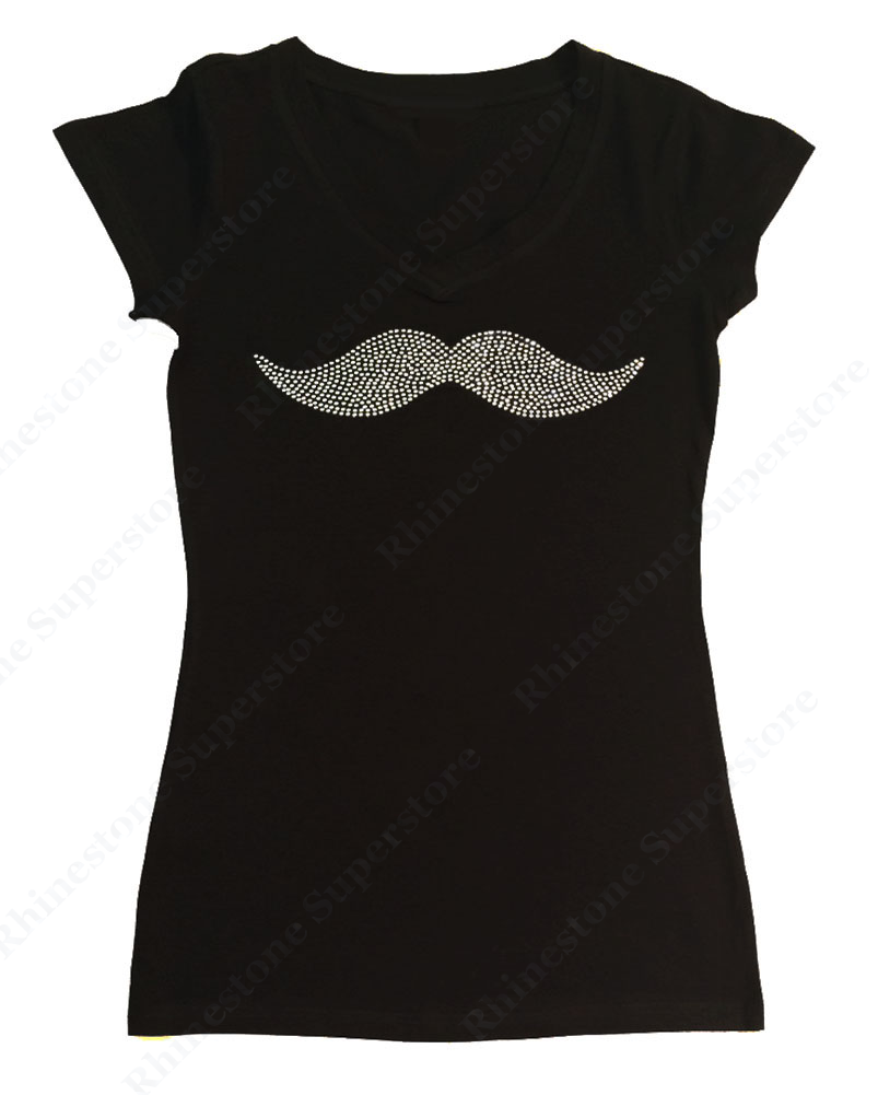Womens T-shirt with Crystal Mustache in Rhinestones