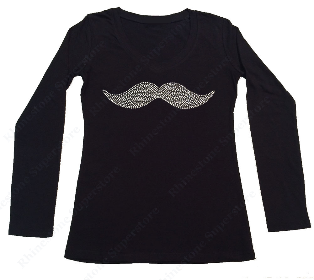 Womens T-shirt with Crystal Mustache in Rhinestones