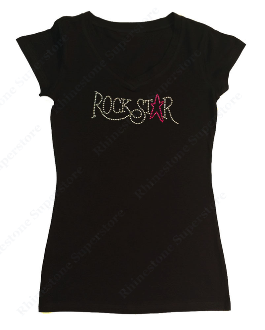 Womens T-shirt with Crystal Rockstar in Rhinestones