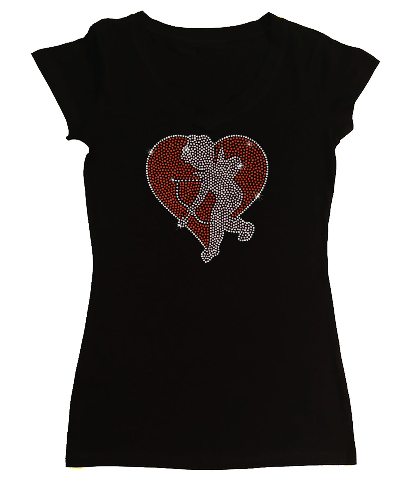 Women's Rhinestone Fitted Tight Snug Shirt Red Heart with Cupid and His Bow and Arrow - Valentines Shirt