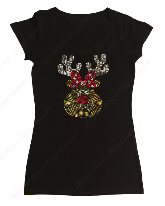 Womens T-shirt with Cute Christmas Reindeer in Rhinestones