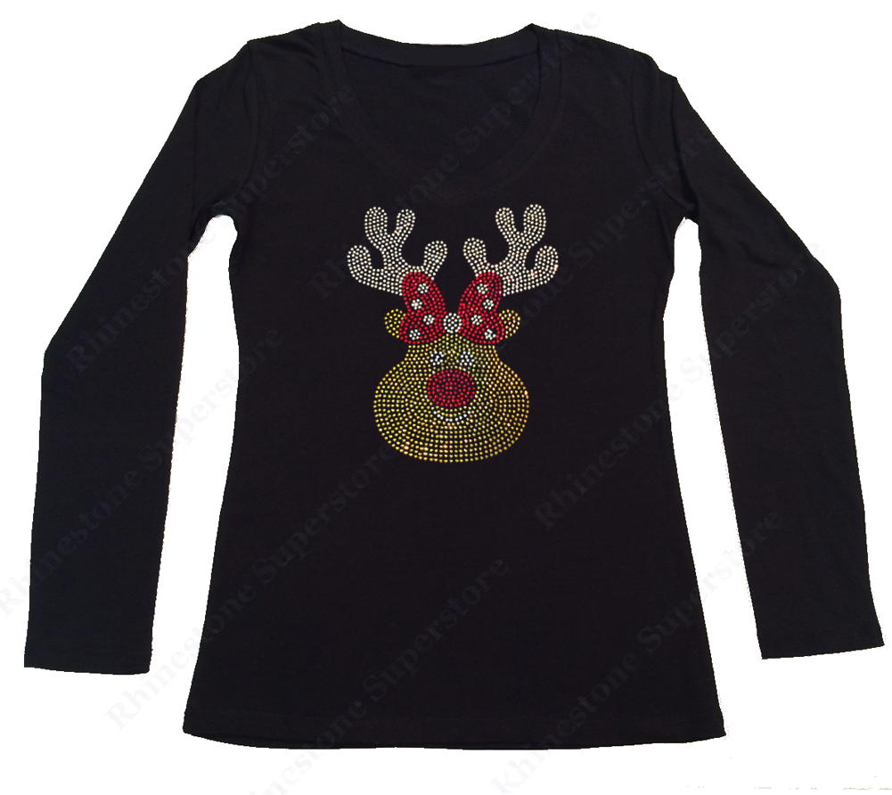 Womens T-shirt with Cute Christmas Reindeer in Rhinestones