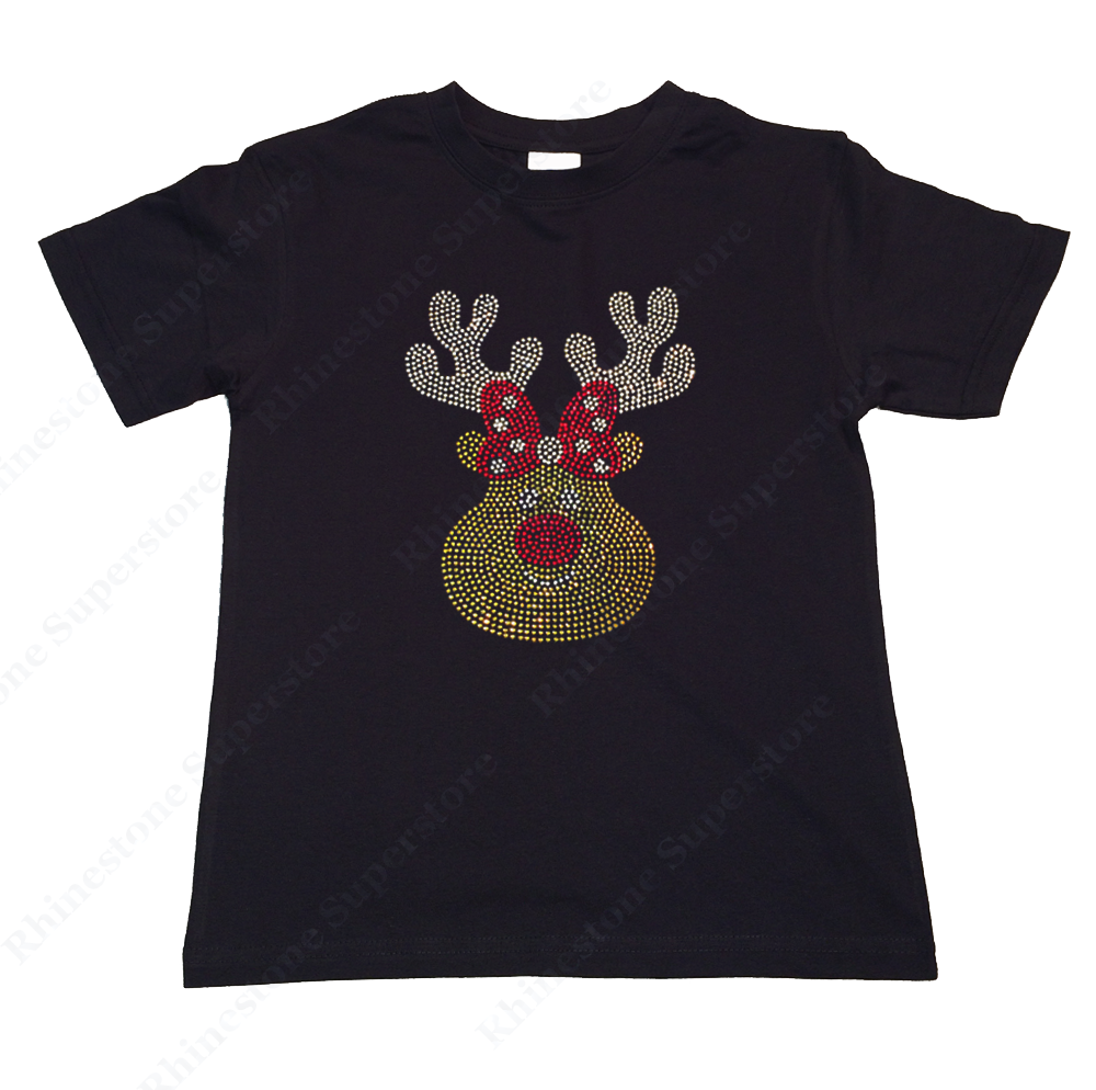 Girls Rhinestone T-Shirt " Cute Christmas Reindeer " Size 3 to 14 Available