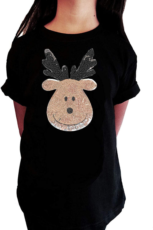 Girls Rhinestone T-Shirt " Cute Silver Reindeer In Sequence - Christmas " Kids Size 3 to 14 Available