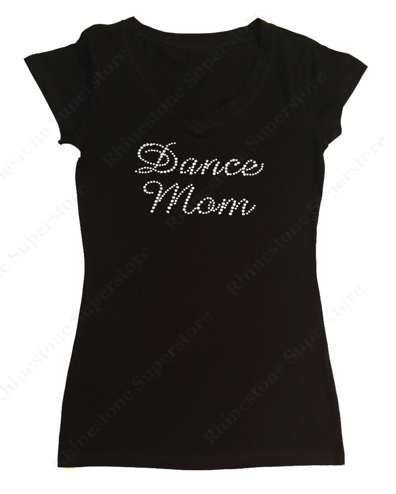 Womens T-shirt with Dance Mom in Script in Rhinestones
